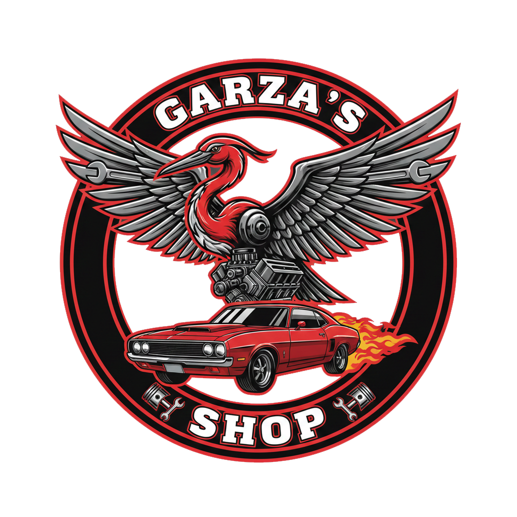 Garza’s Shop: garza con alas mecánicas, motor y auto clásico rojo